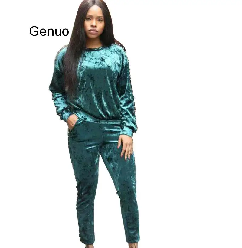 

Spring Women Velvet 2 Two Piece Set Warm Beads Tracksuit Smooth Soft Home Velour Suit