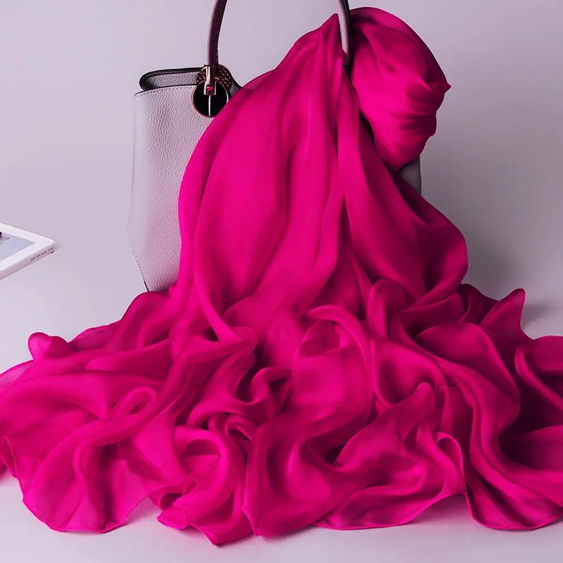 Rose Red Натуральный шелковый шарф для женщин, тонкие шифоновые шелковые шали, накидки для дам, Одноцветный шейный платок, Ханчжоу, натуральный шелковый шарф, платок для женщин - Цвет: Rose Red