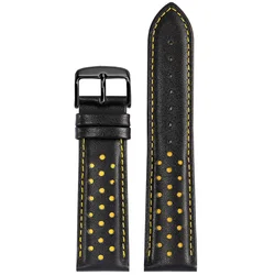 Multicolor Genuine Leather Watch Strap with Stainless Steel Buckle, 22mm - 22mm (Black yellow blackA)