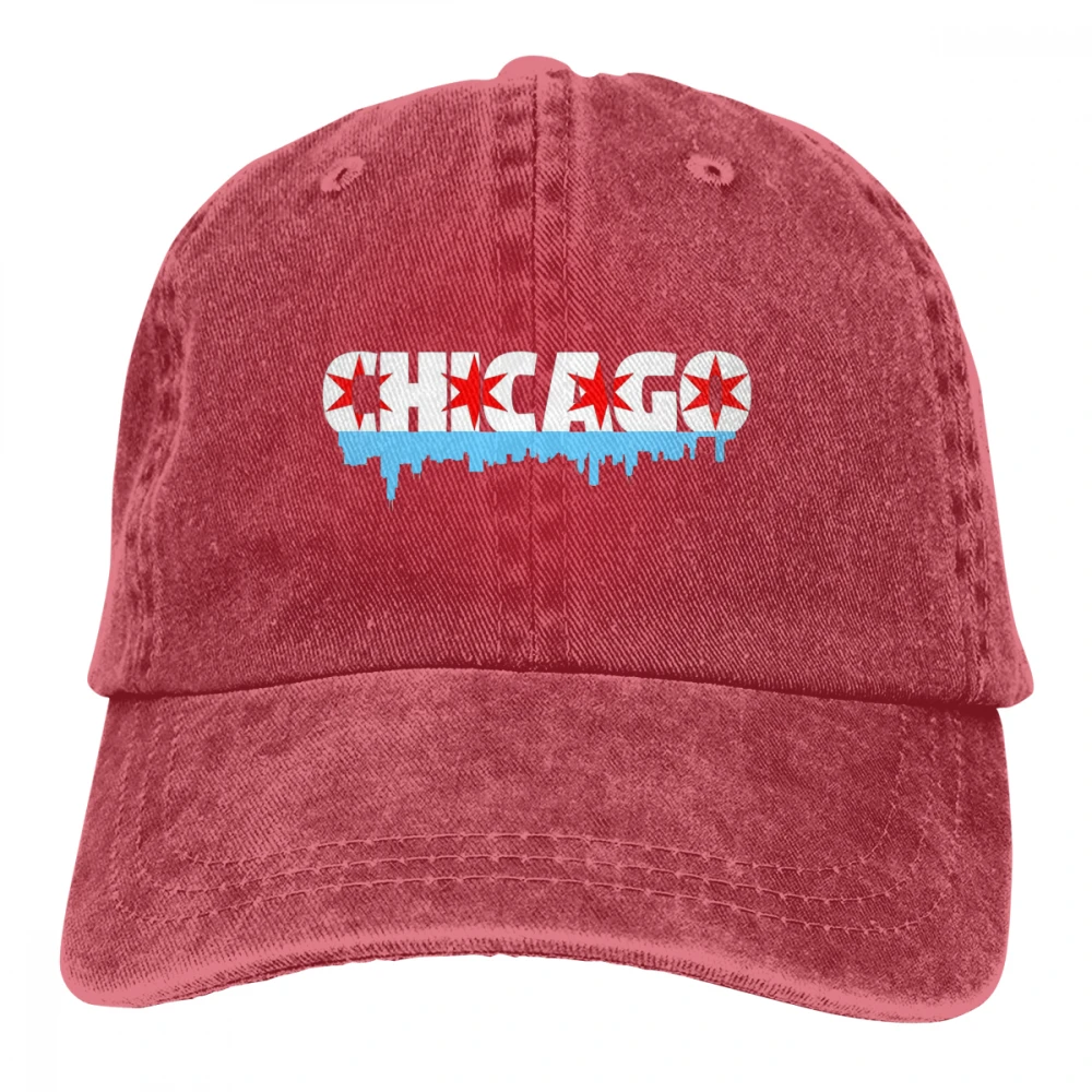Chicago Flag Skyline Casquette Black Unisex Mens Womens Denim Strapback Baseball Cap Adjustable Golf Dad hat