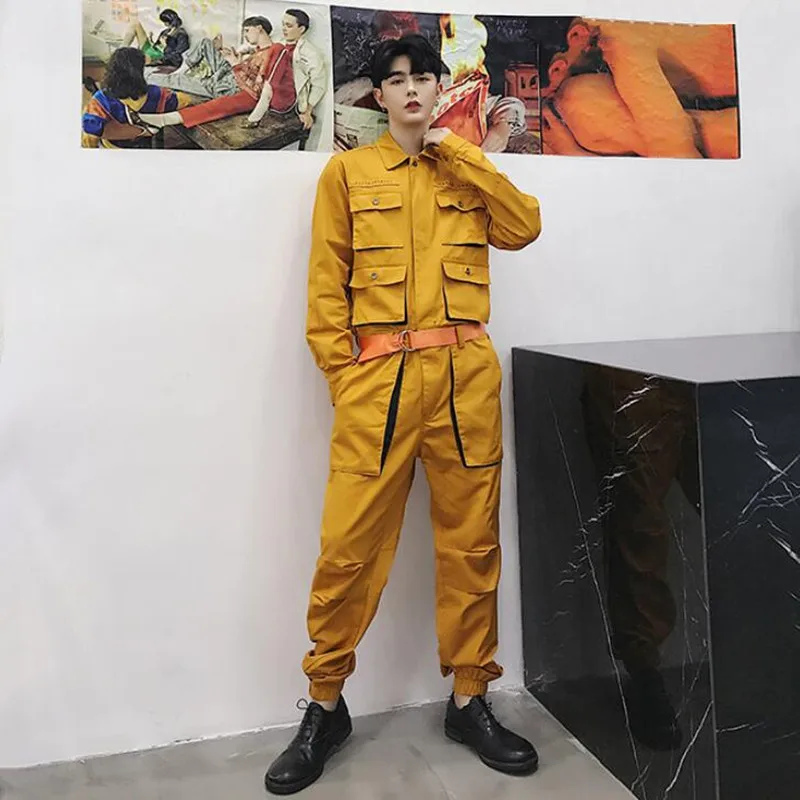 

2020 New Spring Autumn Jumpsuit Men Rompers One Piece Overalls Mens Long Sleeve Casual Multi Pockets Design Pants Male Clothes