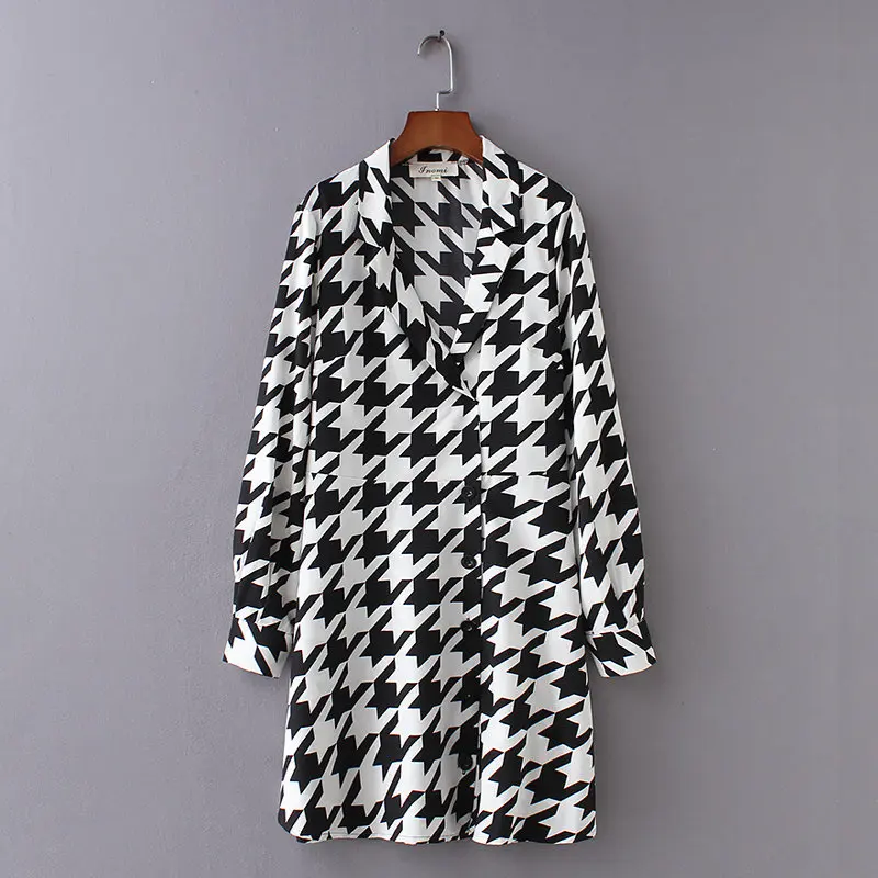 

Geometric Printing Women Single Breasted Mini Dress Leisure lady Long Sleeve Dresses 2019 Autumn Loose Streetwear D3289