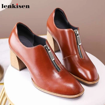 

Lenkisen new genuine leather simple style pupms round toe high heels fashion basic solid front zipper autumn women shoes L2f2