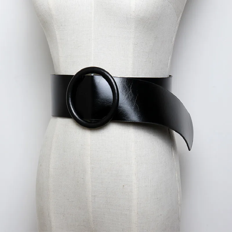 新品☆Round Buckle Leather Wide Belt Wide Leather Belt Round Buckle in Black - 2 Inch Belt
