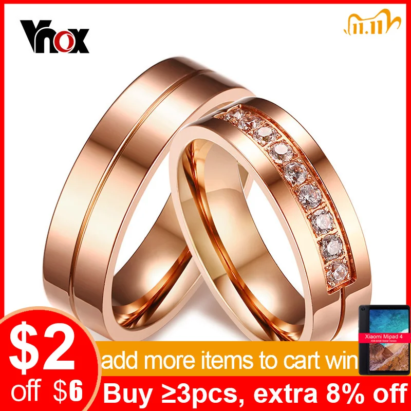 Vnox Trendy Wedding Bands Rings for Women / Men Love Rose Gold-color Stainless Steel CZ Promise Jewelry Personalized alliance afbeelding