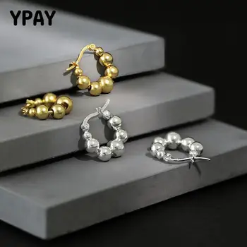 

YPAY 100% Genuine 925 Sterling Silver Hoop Earrings for Women Korea INS Geometric Round Beaded Circle Earring Jewelry YME717