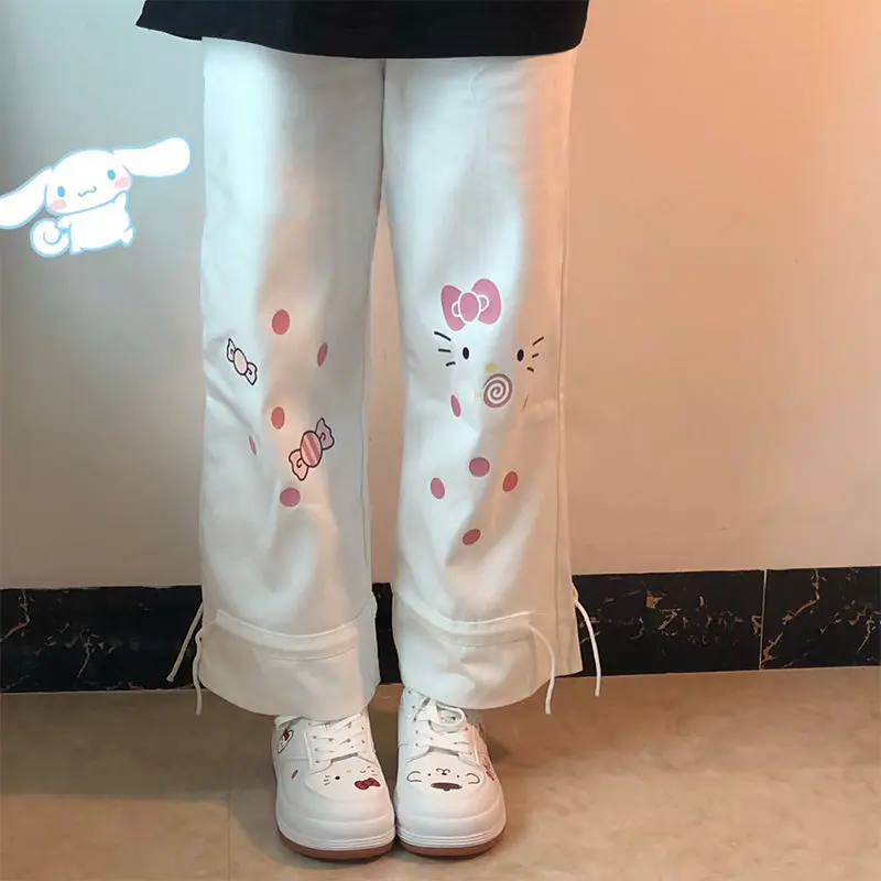 White Cartoon Pants Fashion Girl Harajuku Cute Amine Pants Female Student Casual Funny Straight Summer Kawaii High Street Pants 1