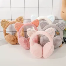 Складные плюшевые наушники с блестками и кошачьими ушками для женщин и девушек, меховые плюшевые теплые наушники, повязка на голову с блестками, Мультяшные наушники