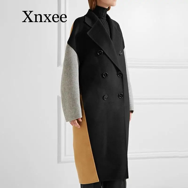 

Autumn And Winter Fashion New Women Plus Large Block Color Matching Lapel Double-breasted Cashmere Coat