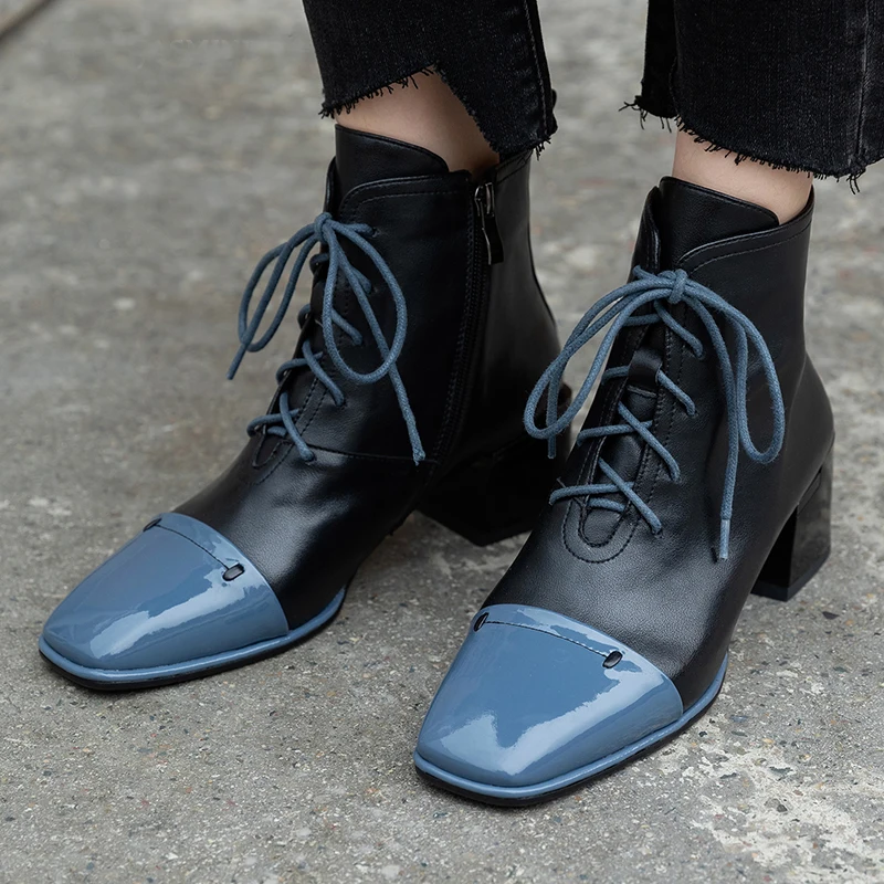 

Mix Color Genuine Leather Ankle Boots for Women Square Toe Autumn Winter Short Boots Lace-up Square Heels Comfortable Lady Shoes