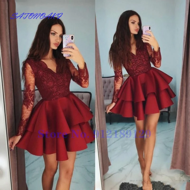 Vestidos De Fiesta Burgundy Cocktail Dress Full Sleeves Appliques Short Party Homecoming Dress Tiered Prom Graduation