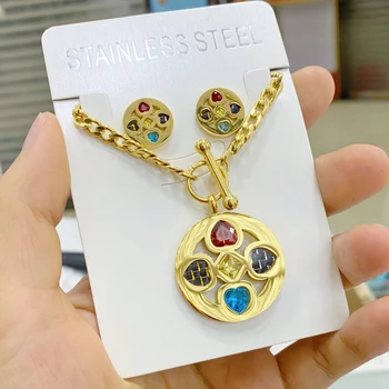 

Stainless Steel set Crystal Round Pendants Necklace earrings Women Choker Jewelry Clover Trendy Necklaces Chain Valentine's Day