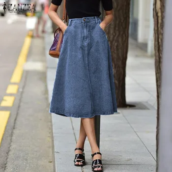 

ZANZEA Women Casual Midi Skirts 2020 Elegant High Waist Pockets Skirt Cotton Linen Solid Loose Faldas A-line Mid Calf Blue Skirt