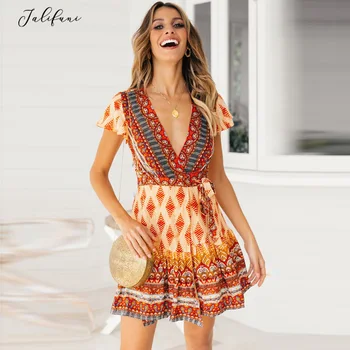 

Vintage Floral Print Boho Dress Women A-Line Short Deep Neck Lace Up Empire Sexy Party Sundress Women Summer Dresses 2019 New