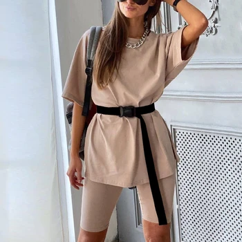 

Casual solid new women's two piece suit belt solid color home loose sports fashion leisure suit summer over size ladies suits