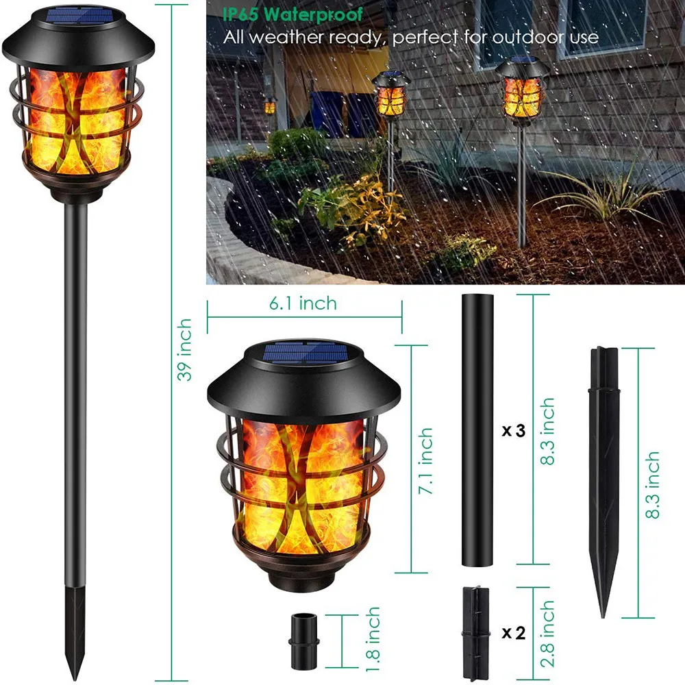 2Pcs Solar Lights Metal Flickering Flame Torches Lights Waterproof Pathway Lights Auto On/Off for Garden Patio Yard 17cm* 102cm