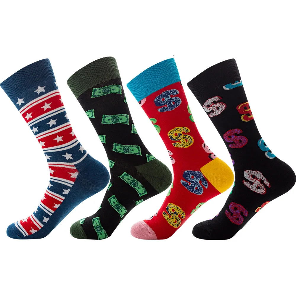 

New Novelty Men's Long Socks Harajuku Money Dollar Printed Socks Funny Cartoon Socks Combed Cotton Happy Funny Socks Men