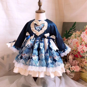 

Spanish court dress girl long sleeve children's princess dress big bow bear ruffle blue dresses + bloomers Thanksgiving clothes