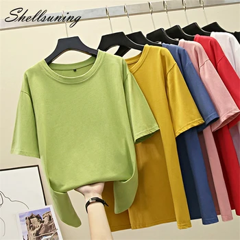 

Shellsuning 2020 Harajuku Solid T Shirt Women Basic Elastic T-shirt Plus Size 7 Colors Top Female 100% Cotton Streetwear Clothes