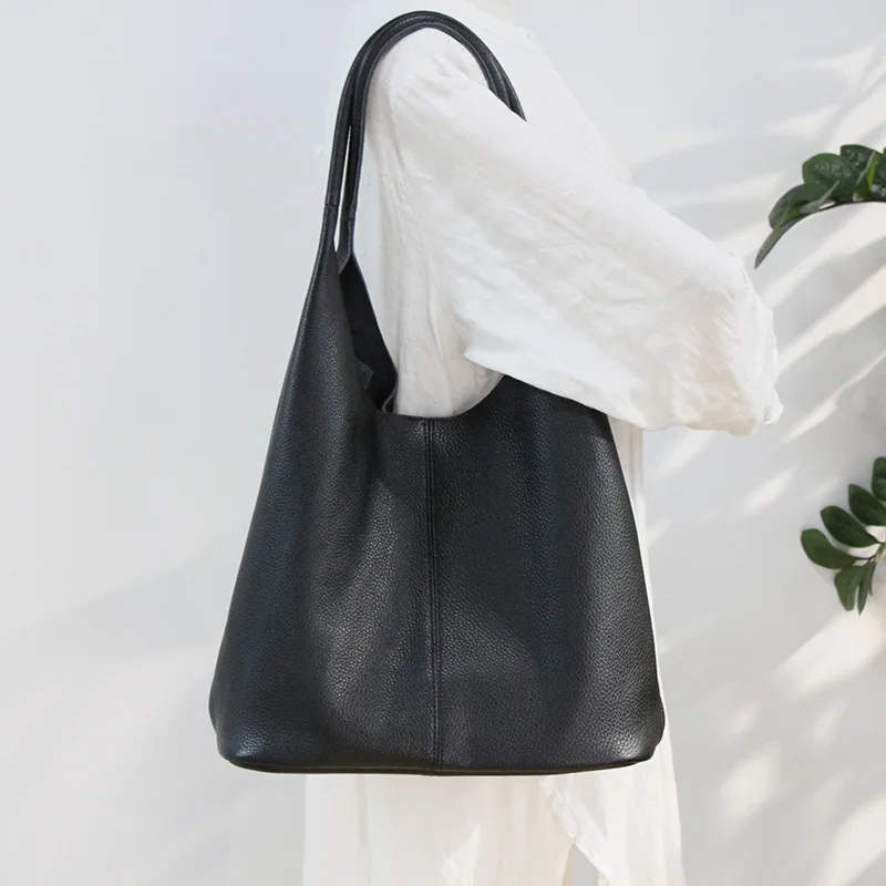 

100% Soft Genuine Leather Female Bag 2023 New Simple Solid Casual Tote With Liner Bags Handbags Large Shoulder Bags For Women