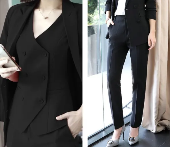 Vest and Pant Женский осенне-зимний костюм для офиса, двубортный Блейзер, брючный комплект, модный Деловой брючный костюм для женщин, Деловой брючный костюм - Color: Vest and Pant