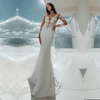 

Eightale Beach Wedding Dresses Scoop Appliques Lace Mermaid Bride Gown Chiffon Long Sleeves Buttons Boho Wedding Dress 2020