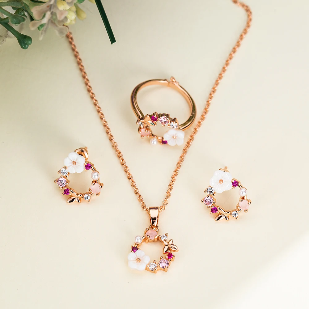 Fashion Rose Gold Crystal Pendant Necklace Earrings Rings Bridal Wedding Jewelry Sets For Women Flowers Bijoux Gift