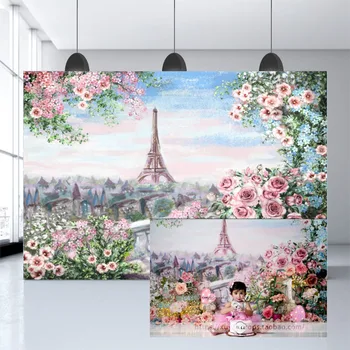 

Mehofond Eiffel Tower Newborn Backdrop Painting Pink Flower Baby Shower Birthday Portrait Photography Background Photo Props
