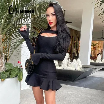 CNYISHE 2022 Spring Women Black Cute Ruffles A-line Dress Sexy Hollow Out Long Sleeve Bandage Dresses Elegant Party Dress Robes 1