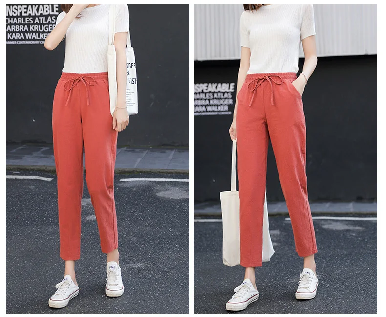 Cotton Linen Solid Elastic waist Candy Color Trousers