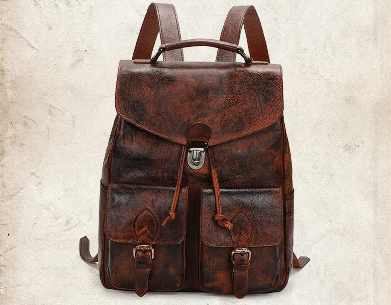 Color Coffee Front Display of Woosir Multi-pocket Leather Backpack