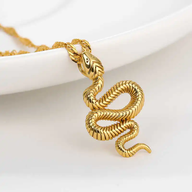 A close-up of the Snake Pendant, a stylish necklace featuring a gold pendant, placed on a white surface.