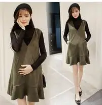 3131 Green set Комплект одежды для беременных, футболка с длинными рукавами+ сарафан с оборками и карманами, костюм-Двойка для беременных женщин, элегантное деловое платье, милые костюмы - Цвет: 3131 Green set