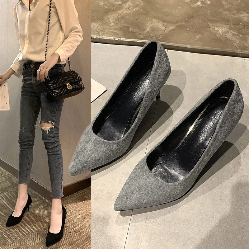 

2020 New Arrival Korean Concise Pointed Toe Office Shoes Women's Fashion Solid Flock Shallow High Heels Shoes for Women