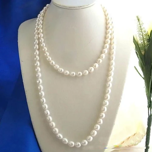 

Unique Design AA Store Long Pearl Necklace 50'' 11mm White Rice Freshwater Cultured Pearls Handmade Jewelry Charming Women Gift