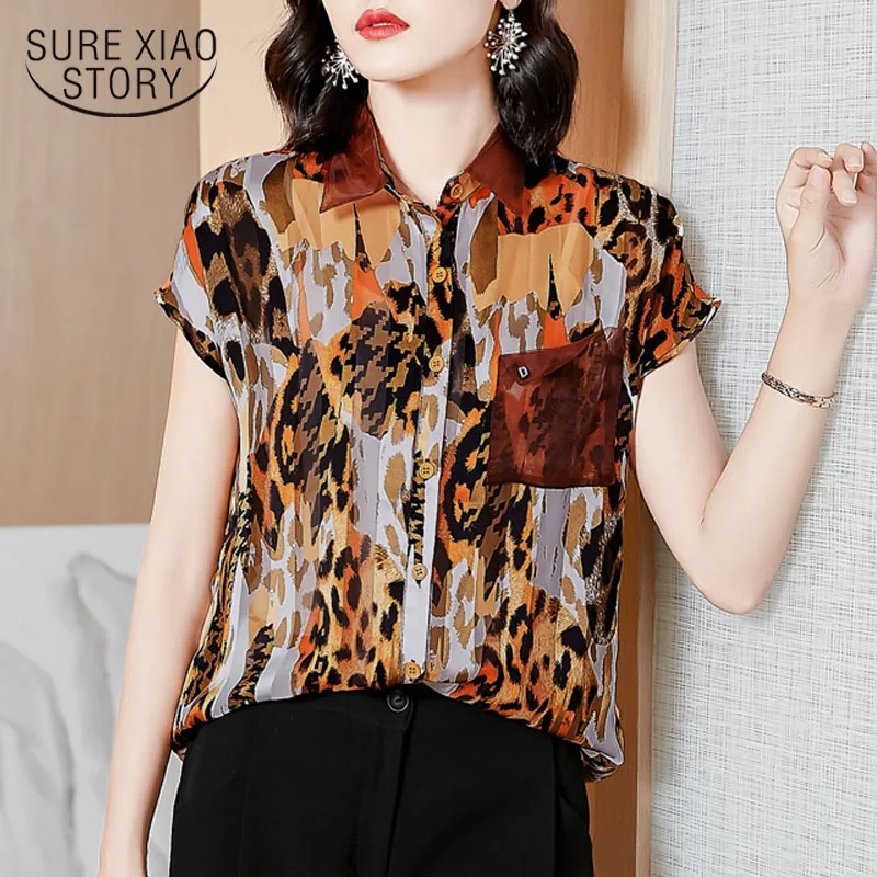 

Short Sleeve Leopard Print Woman's Blouses 2023 Fashion Women Blouses Printed Loose Top Female Fashion Chiffon Blouse 9573