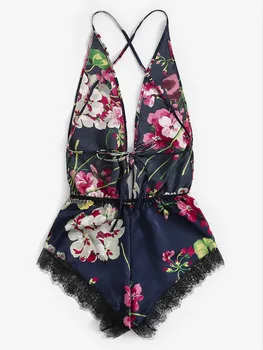 

Women's Sexy Silk Satin Sleepwear Lingerie Set V Neck Floral Print Nightwear Women Sleepwears
