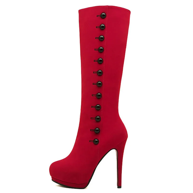 Новинка; женские ботинки; женская обувь на высоком каблуке; женские зимние ботинки; красная Свадебная обувь; облегающие высокие сапоги; обувь на платформе; Botas Mujer