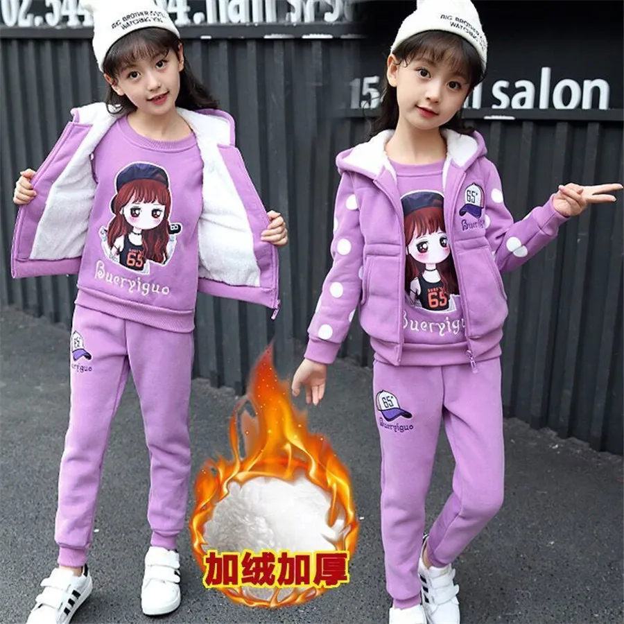 

Girls Clothing warm Sets Autumn Winter Fashion Coat + T-shirt + Pants 3pcs Girl Clothes Children Tracksuit Teen 5 6 8 10 12 year
