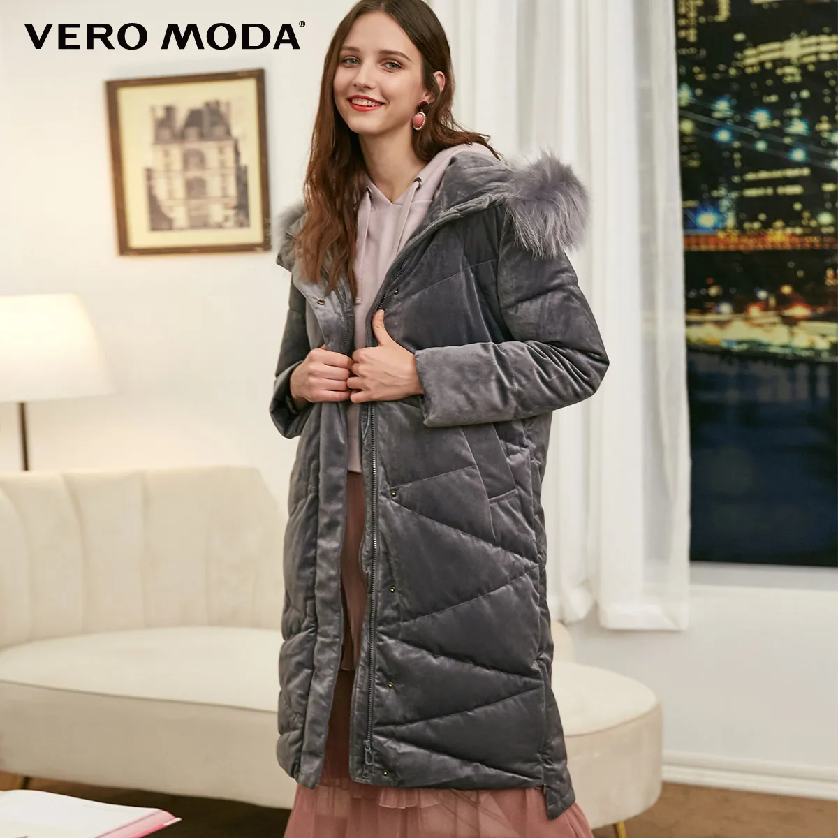 Vero Moda женский контрастный длинный толстый пуховик с капюшоном из меха енота | 318312508