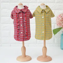 Yellow Dog T-shirts Casual Lattice Red Print Collar Leisure Closure Turn-Down Dog Sleeve Button Shirt Short Pet
