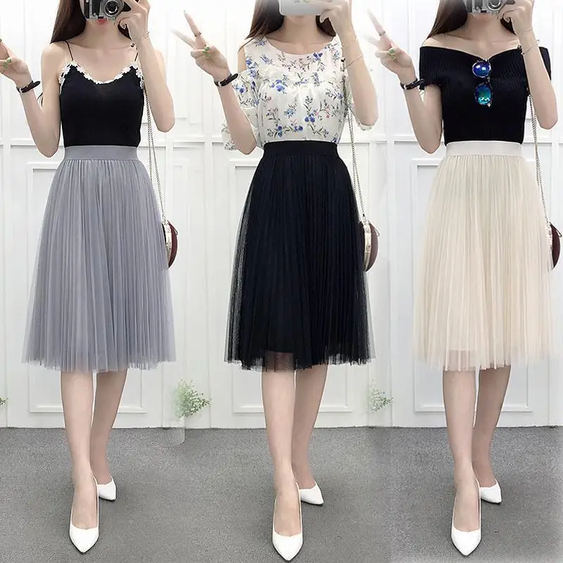 

New Style Spring Mesh Skirt Long Skirts Puffy Summer A- line Skirt Pleated CHIC Mid-length