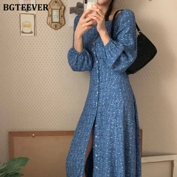 

BGTEEVER Chic Off-shoulder Puff-sleeve Women Dress Spring Floral Print Single-breasted Female Dress Retro A-line Vestidos femme
