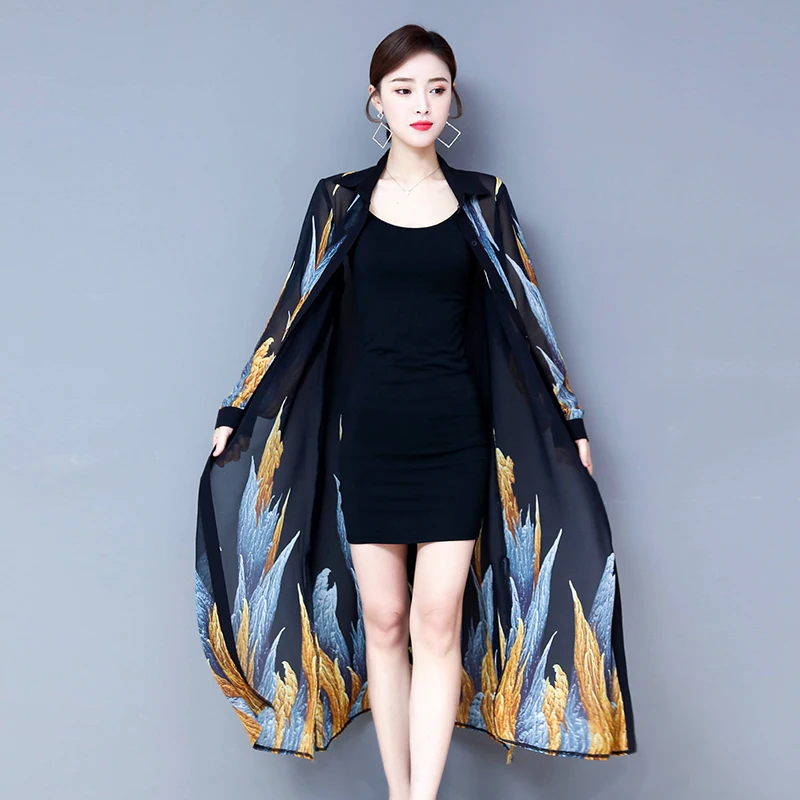 TingYiLi Summer Cardigan Long Chiffon Blouse Shirt Korean Elegant Long Sleeve Ethnic Print Kinomo Cardigan Women 2