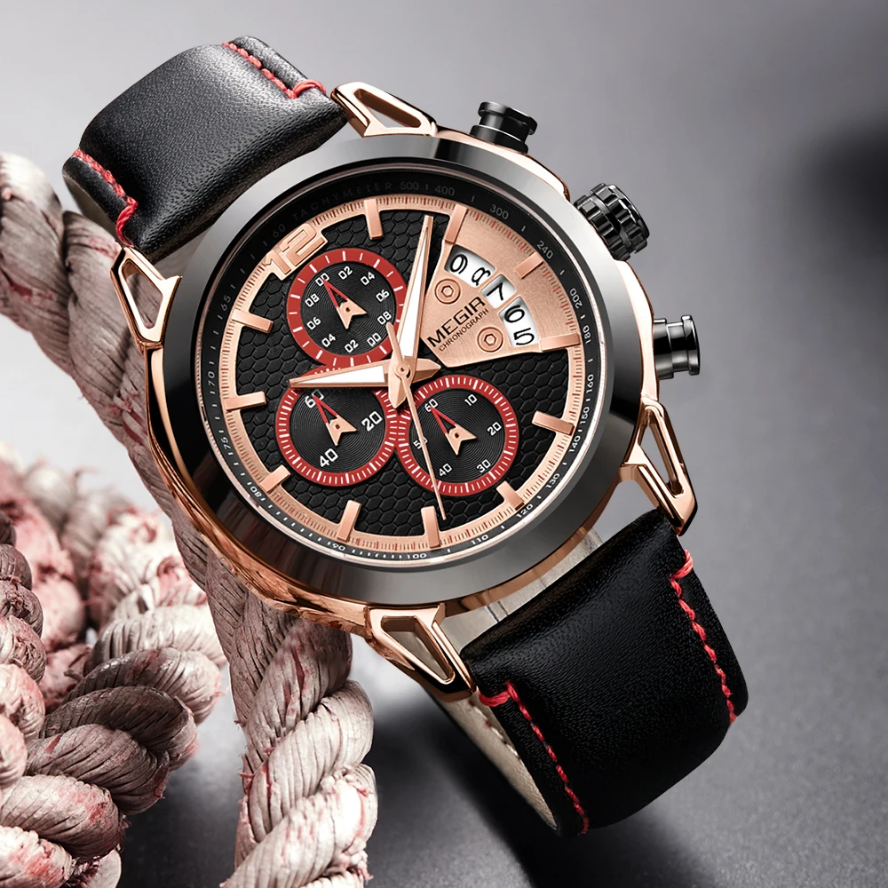  Creative MEGIR Chronograph Men Watch Relogio Masculino Fashion Leather Quartz Wrist Watches Men Clo