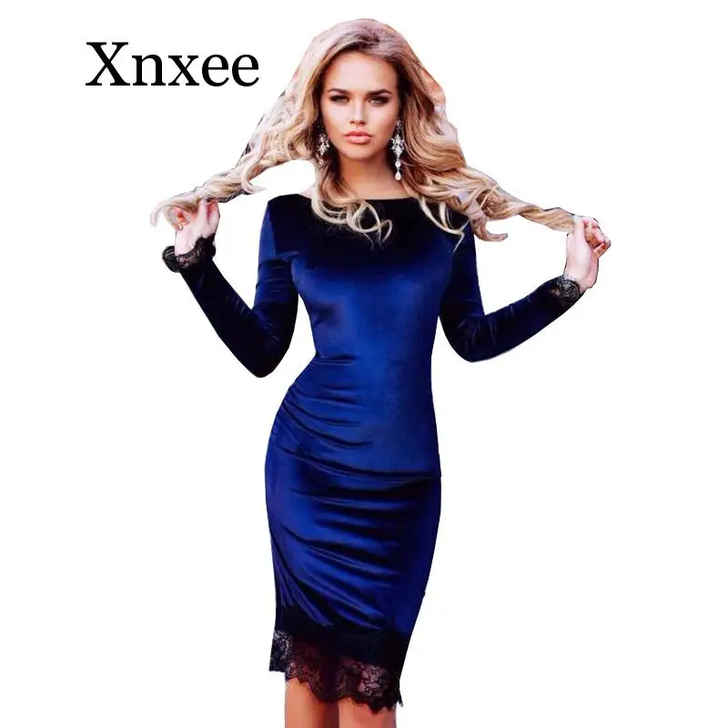 

2020 new Spring Fashion Blue Velvet Dress With Lace Women Long Sleeve Sexy Slim Sheath Bodycon Party Dresses