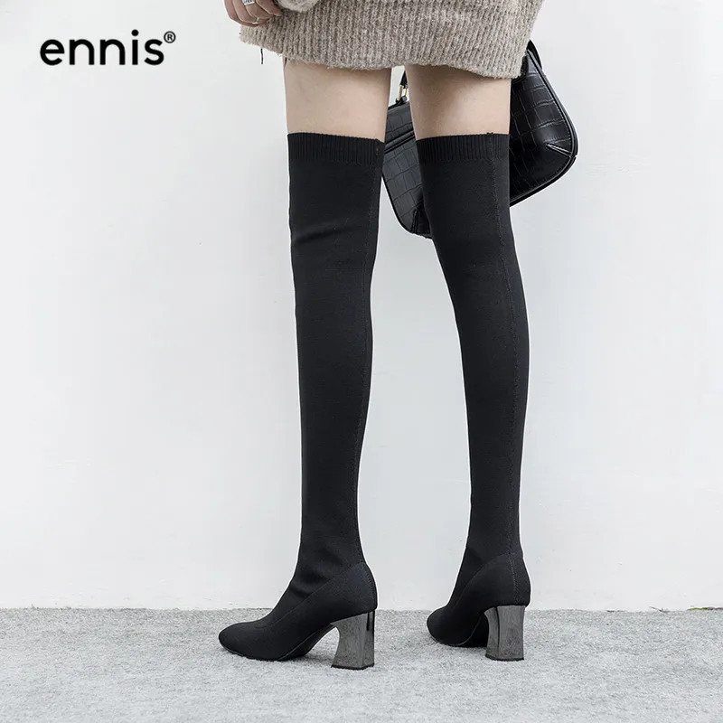 ENNIS/облегающие зимние черные сапоги до бедра для женщин; ботфорты на высоком каблуке; вязаные эластичные сапоги; женская обувь; Новинка; L837