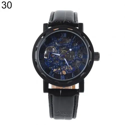 Men Top Faux Leather Band Roman Numerals Hand-Wind Mechanical Watches Waterproof Sports Army Automatic Skeleton Men Watch reloj - Цвет: Black Blue
