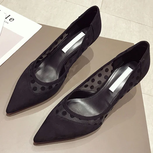 Черный mesh suede stiletto pumps black designer brand shoes women pointed toe high heels polka dot ladies size 4 34 3 inch luxury - Цвет: Черный