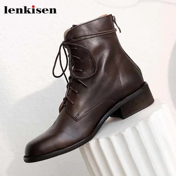 

2020 new genune leather round toe toe ankle boots lace up superstar fashion preppy style mixed color med heels Chelsea boots l82